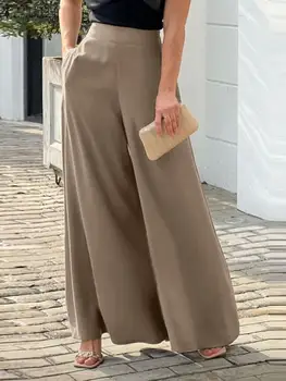 Zarif Kadın Geniş Bacak Pantolon ZANZEA Sonbahar Yüksek Bel Katı Gevşek Pantolon Rahat OL Çalışma Uzun Pantalon Moda Tatil Palazzo
