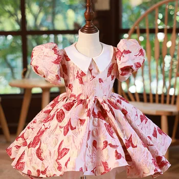 Zarif Kız Kraliyet Vintage Elbise Yeni Yıl Çocuk Doğum Günü Vaftiz Parti Elbiseler Çocuklar Kırmızı Çiçek Rop Kızlar Butik Vestidos