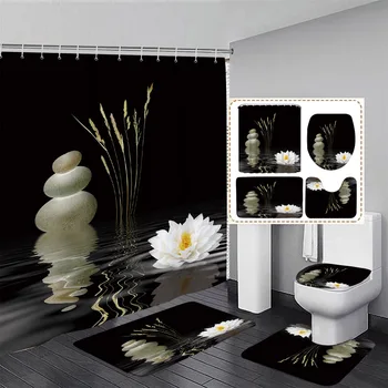 Zen Spa Lotus Japon Meditasyon Duş Perdeleri Bambu Bazalt Aromaterapi Mum Ekran Kaymaz Banyo Paspas Banyo Dekor Seti