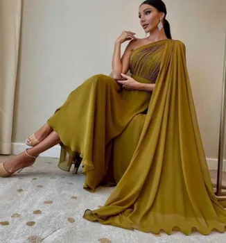 Zeytin Yeşili Ayak Bileği Uzunluğu Gece Elbisesi Pelerin İle Bir Omuz Şifon Dubai Kadınlar Örgün Parti Kıyafeti Vestidos De Fiesta 2023