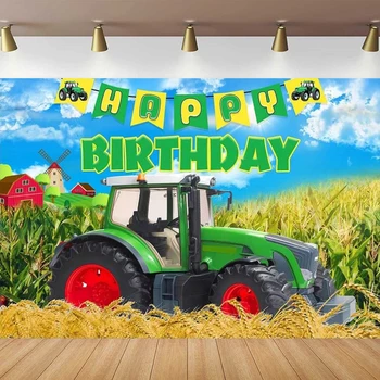 Çiftlik traktörü Fotoğraf Backdrop Yeşil Bitkileri Arka Plan Çocuk Çocuk Doğum Günü Partisi Masa Tatlı Dekor Afiş Afiş