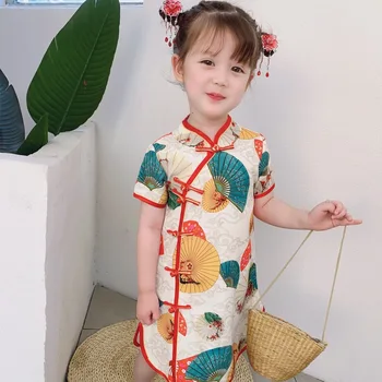 Çin Cheongsam Kızlar İçin Prenses Elbise doğum günü hediyesi Kısa Kollu Çin Tarzı Giyim Pembe Bej Yaz