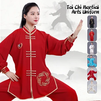 Çin Kung Fu Tai Chi Giyim Dövüş sanatları Üniforma Üstleri + pantolon seti Taiji Wushu Kanat Chun Ulusal Ejderha Nakış Seti