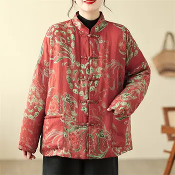 Çin Tarzı Baskılı pamuklu ceket Büyük Boy kadın Giyim Düğmesi Stand Up Yaka Retro Moda Kapitone Ceket Giyim Z4356