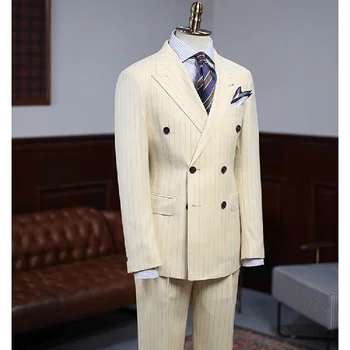 Çizgili Erkek Takım Elbise Moda Tepe Yaka Kruvaze Erkek Takım Elbise İş Rahat Düğün Smokin 2 Parça Set Blazer Pantolon