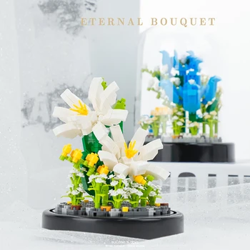 Çiçek DIY Gül ve Krizantem Saksı Buket Ev Dekorasyon 3D Modeli Çiçek Blok Kız Erkek Hediye Yapı Taşları çocuklar İçin