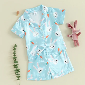 Çocuk Boy Paskalya Pijama Setleri Sevimli Tavşan Baskı Düğmesi Kısa Kollu Gömlek ve Elastik Şort Loungewear Pijama