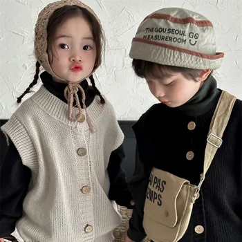 Çocuk Giyim Çocuk Yelek 2023 Yeni Moda Sonbahar Pamuk Hırka Ceket Erkek Kız Vintage Düz Renk Rahat Yelek