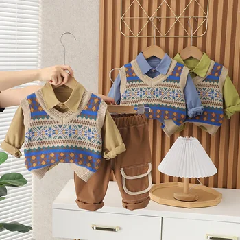 Çocuk Kazak Yelek Üç Parçalı Çocuk Sonbahar Bebek Kız Takım Elbise Tek Parça Dropshipping