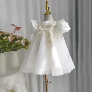 Çocuk Prenses Balo Bow Sequines Puf Kollu Tasarım Düğün Doğum Günü Vaftiz Paskalya Eid Parti Kız Elbise A3282