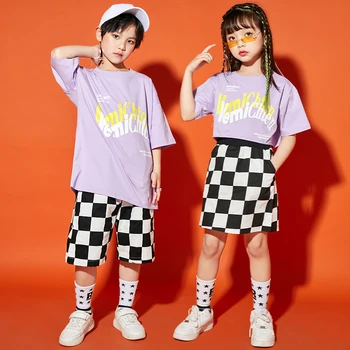 Çocuklar Konser Hip Hop Giyim T Shirt Üstleri Yaz Damalı Şort Etek Mini Kız Erkek Caz dans kostümü Seti Giysi