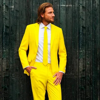 Özel Yapılmış Moda Damat Terno Masculino 2 Adet Sarı Bir Düğme Çentik Yaka Sigara Erkek Takım Elbise (Blazer + Pantolon)
