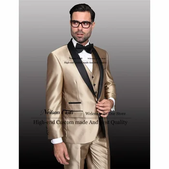 Şampanya Erkek Takım Elbise Şal Yaka Damat Düğün Smokin 3 Parça Setleri Ceket + Pantolon + Yelek Erkek Balo Blazers Slim Fit Kostüm Homme