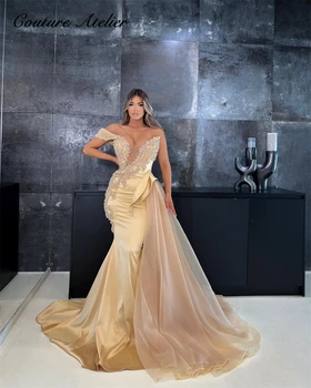 Şampanya Kapalı Omuz Boncuklu İnciler gece elbisesi Tren Mermaid Lüks Elbise resmi elbiseler Düğün İçin 2023 Zarif