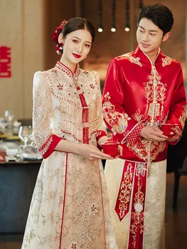 Şampanya Çin düğün elbisesi Geleneksel Cheongsam Vintage Çift Qipao Etek Kadın Erkek Tang Takım Elbise Oryantal Elbisesi