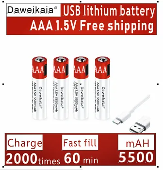 Şarj cihazı ücretsiz büyük kapasiteli 1.5 V AAA 5500mah USB şarj edilebilir lityum iyon batarya için uzaktan kumanda kablosuz fare + kablo