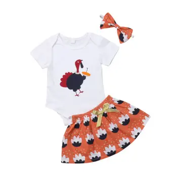 Şükran Günü Çocuklar Bebek Kız Romper Elbise Parti Etek Kafa Bandı 3 ADET Kıyafet Seti Boyutu 0-24M