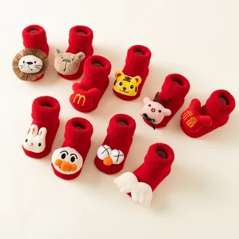 Şık ve Rahat Yeni Bebek Bebek Yün Çorap Sonbahar / Kış Kalınlaşmış kaymaz Noel Çorap Toddler Kırmızı Kat Çorap