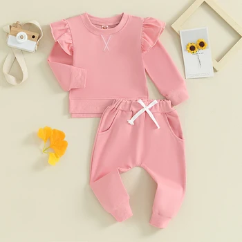 Toddler Bebek Kız Kıyafet Düz Renk Fırfır Uzun Kollu Kazak Üst Elastik Bel Pantolon 2 Adet Eşofman Setleri